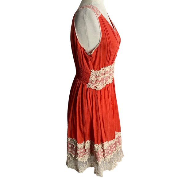 Vasna Fit N Flare Cotton Lace Dress L Coral Orange V Neck Lined Boho Knee Length - Picture 6 of 7